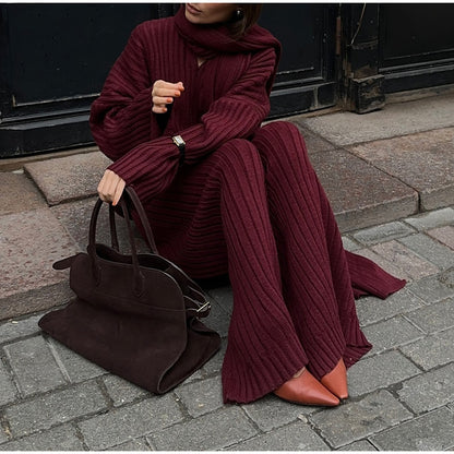 MAOXIANGSHOP 2025 Real shot -  autumn and winter wool suit women's autumn and winter high-end sense solid color v-neck sweater straight trousers two-piece set women