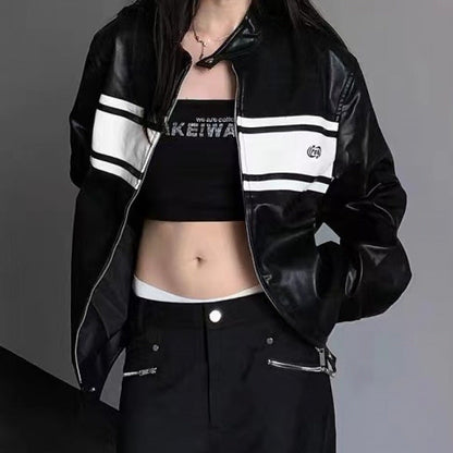 maoxiangshop going out outfits PU Leather New Slim Stand Collar Retro Contrast Color Stitching Zipper Autumn Coat Men's and Women's Motorcycle Jacket Top