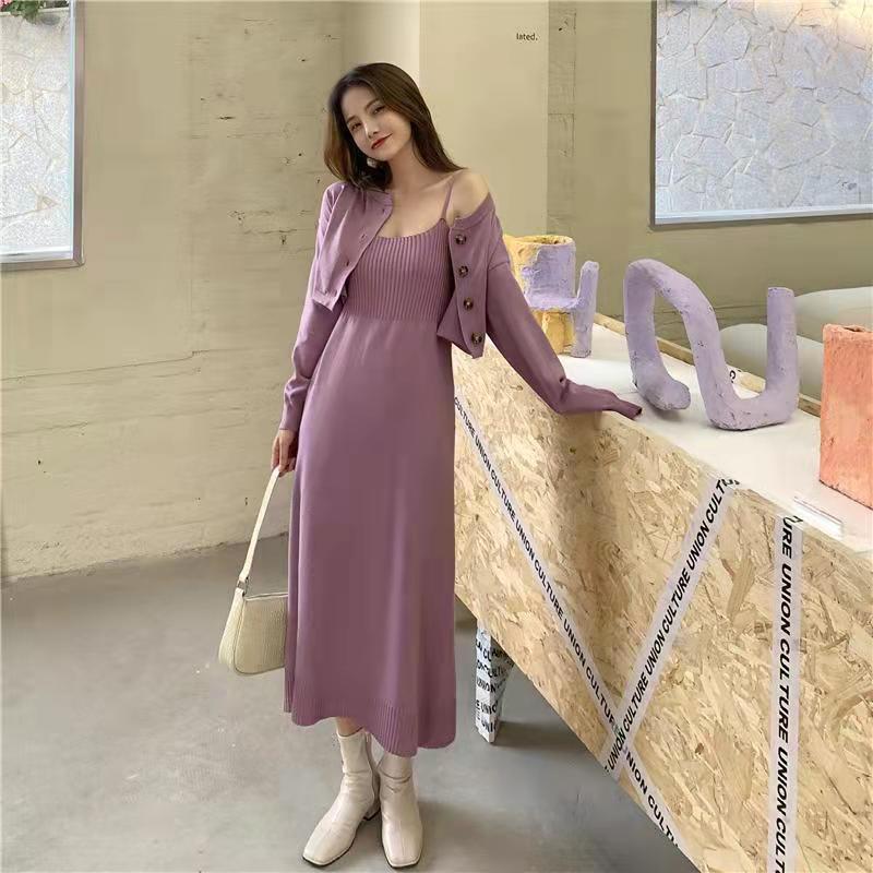 maoxiangshop-shop korean fashion Autumn 2024 New Women's Fashion Korean Style Sling Knitted Dress + Long Sleeve Cardigan Sweater Two-Piece Ins Fashion