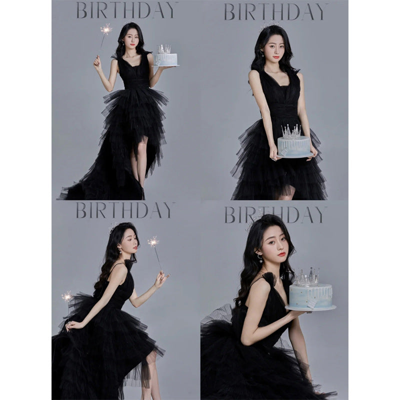 2025Evening dress  new black front short rear long trailing wedding dress annual meeting stage performance catwalk host