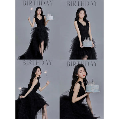 2025Evening dress  new black front short rear long trailing wedding dress annual meeting stage performance catwalk host