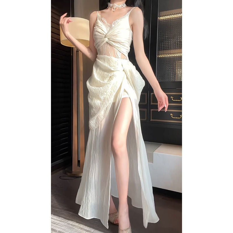 maoxiangshop-shop frat outfits French Style Open Waist Hollow-out Sling Dress Sexy Elegant Socialite Design Sense Seaside Holiday Long Skirt