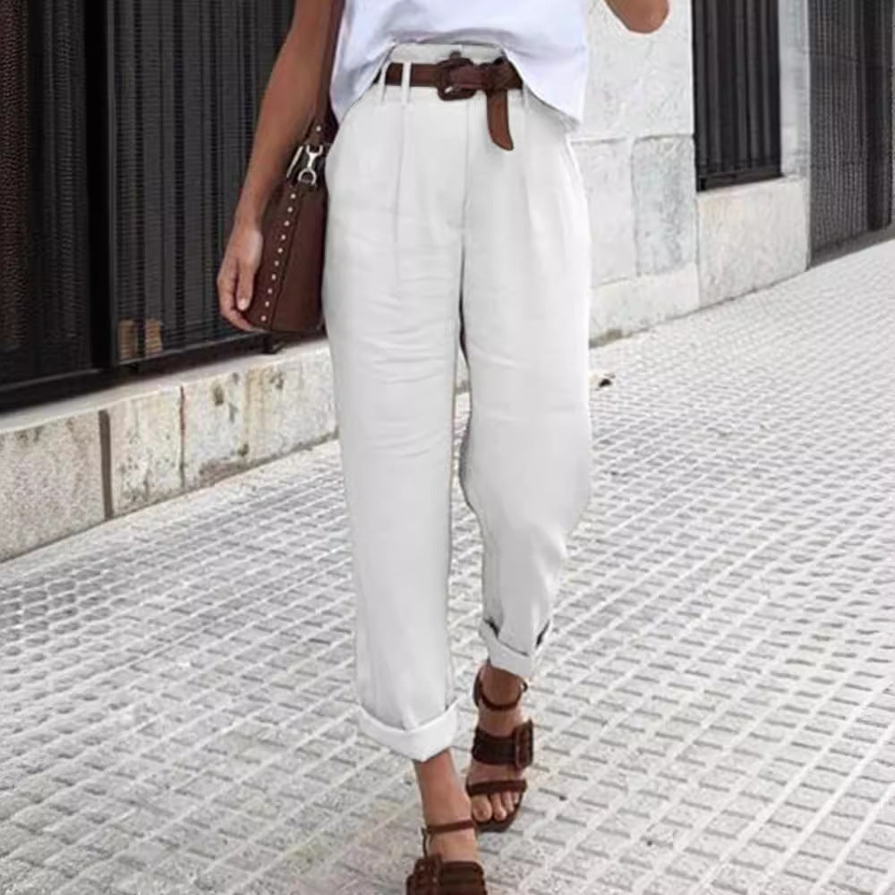 maoxiangshop outfit ideas Spring and Autumn New Women's Pants Cotton and Linen Solid Color Fashion Daily Side Pocket Button Straight High Waist Casual Trousers