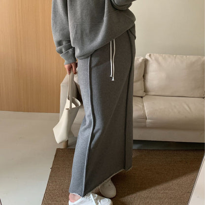 maoxiangshop  -  2024 Spring Autumn New Fashion High Waist Cotton Long Skirt Elastic Waist Solid Color Casual Basic Drawstring Straight Skirt