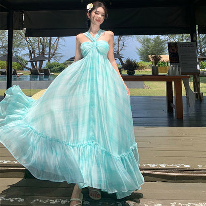 2025 Mint Mambo beautiful beach suspender dress women's summer vacation dress with chest pad elegant high-end fairy dress