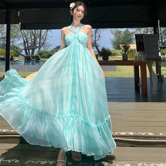 2025 Mint Mambo beautiful beach suspender dress women's summer vacation dress with chest pad elegant high-end fairy dress