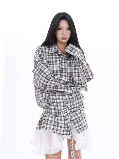 SXL2025 Spring 2025n Easy and Lazy Loose Plaid Lace-Up Shirt Women's Outer with Small Jacket Top