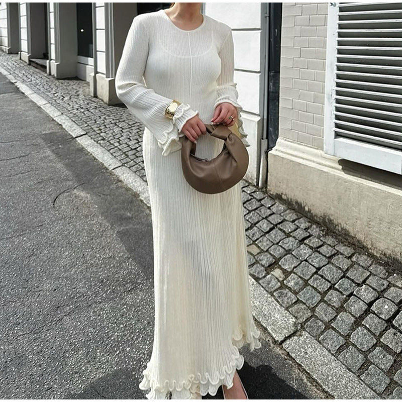 MAOXIANGSHOP 2025 Real shot - elegant round neck long-sleeved knitted long dress,  New slim-fitting high-waisted women's curled edge long dress