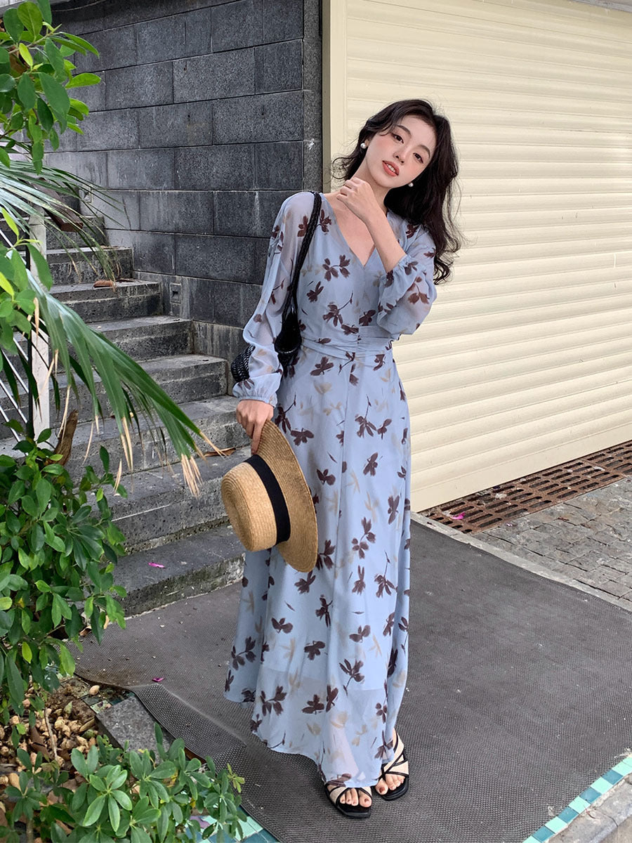 2025 Spring New  Temperament Printed Retro High Waist Long Sleeve Skinny Dress 88202