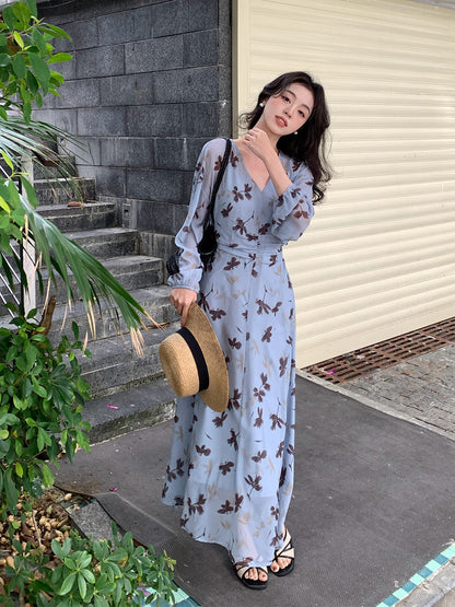 2025 Spring New  Temperament Printed Retro High Waist Long Sleeve Skinny Dress 88202
