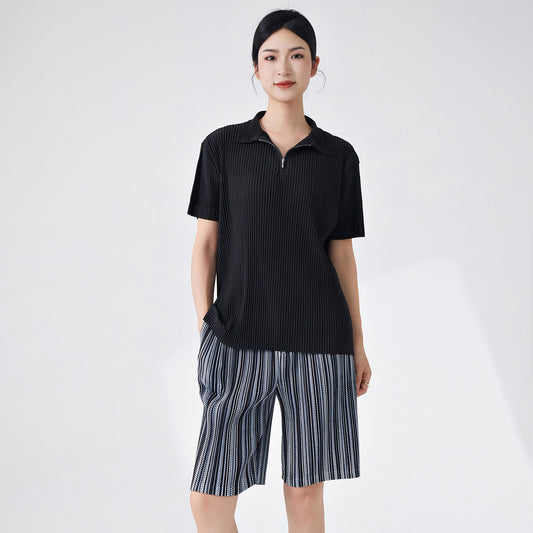 2025 Home pleated top high-end men's and women's same lapel black loose temperament commuter casual short-sleeved T-shirt