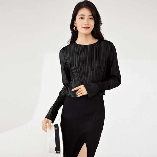2025 Pleated top autumn new women's texture bottoming shirt women's design short long-sleeved T-shirt slim and thin