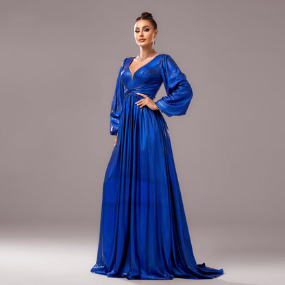 2025 new high-end long-sleeved V-neck banquet bronzing waist pendulum evening dress bridesmaid dress women
