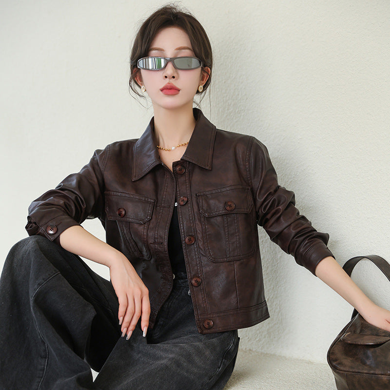 maoxiangshop y2k outfits Fall 2024 New Simple and Capable Slim Fit Slimming Regular Sleeve Versatile PU Leather Coat Retro Maillard