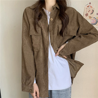 maoxiangshop-shop fall outfits aesthetic Early Spring Loose Mid-Length Shirt Retro Hong Kong Style Long Sleeve Corduroy Coat Women's Clothing Design Sense Niche Shirt