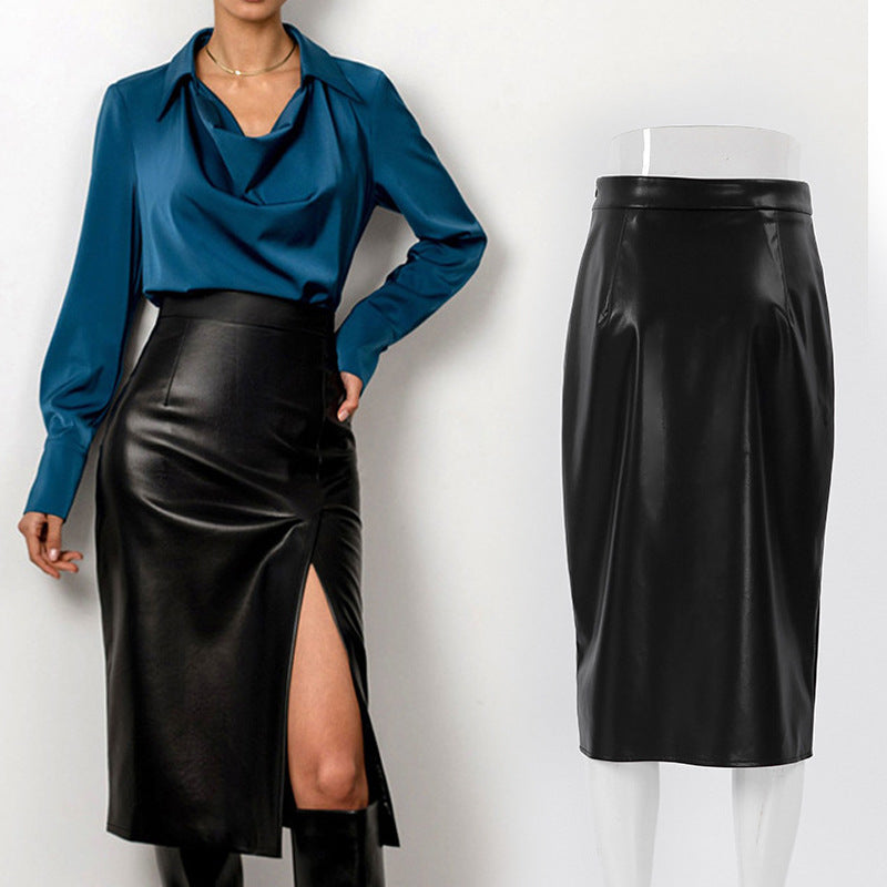 maoxiangshop-shop work outfits women 2024 Spring and Autumn New Women's Leather Skirt Casual Split High Waist Skirt Hot Selling