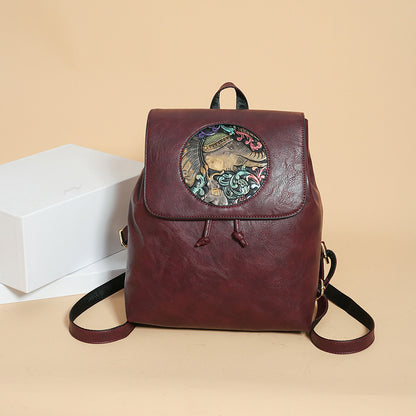 2025 Women's backpack new fashion printed casual women's bag large capacity soft leather retro bag simple shoulder bag women