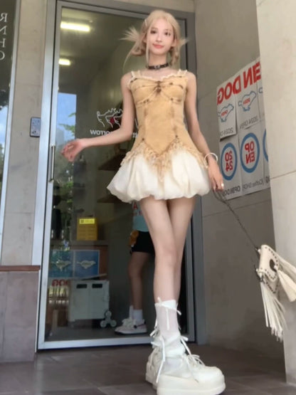 [Effervescent Summer] Spice Girl old retro denim sling vest  high-end thin bud tutu skirt