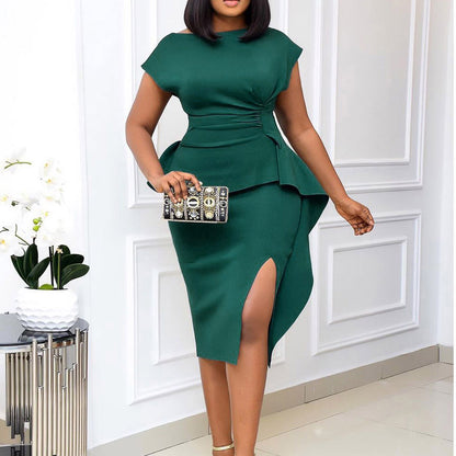 2025 D182 2025 large-size women's clothing popular summer new short-sleeved round neck solid color split-ended tight hip-wrapped Popular trade dress