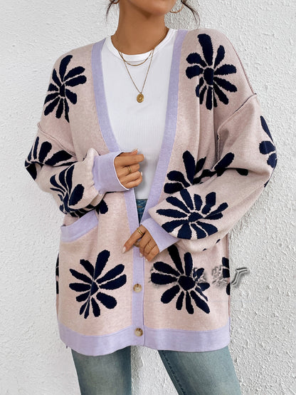 MAOXIANGSHOP New autumn and winter   new V-neck printed commuter temperament loose knitted cardigan sweater women's coat