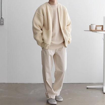 maoxiangshop-shop streetwear men outfits Solid Color round Neck Knitted Cardigan Coat Men's 2024 Autumn and Winter Fashion Youth Trendy All-Match Casual plus Size Top