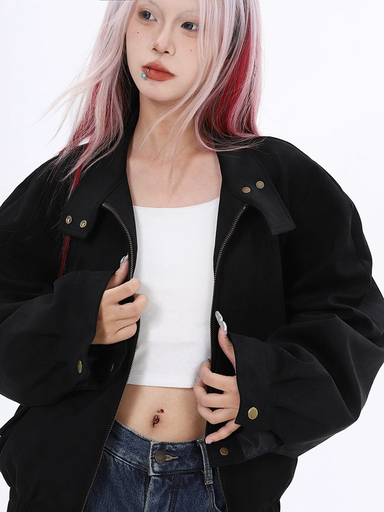 2025n retro black stand-up collar short flight jacket loose warm windproof high-end top coat women