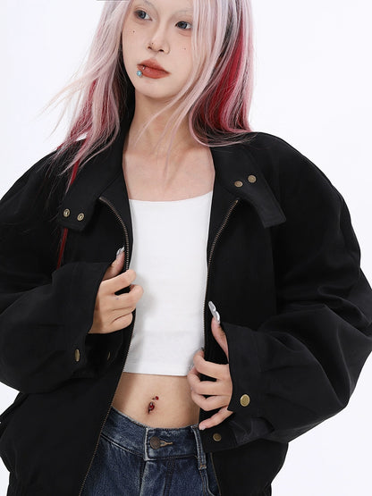 2025n retro black stand-up collar short flight jacket loose warm windproof high-end top coat women