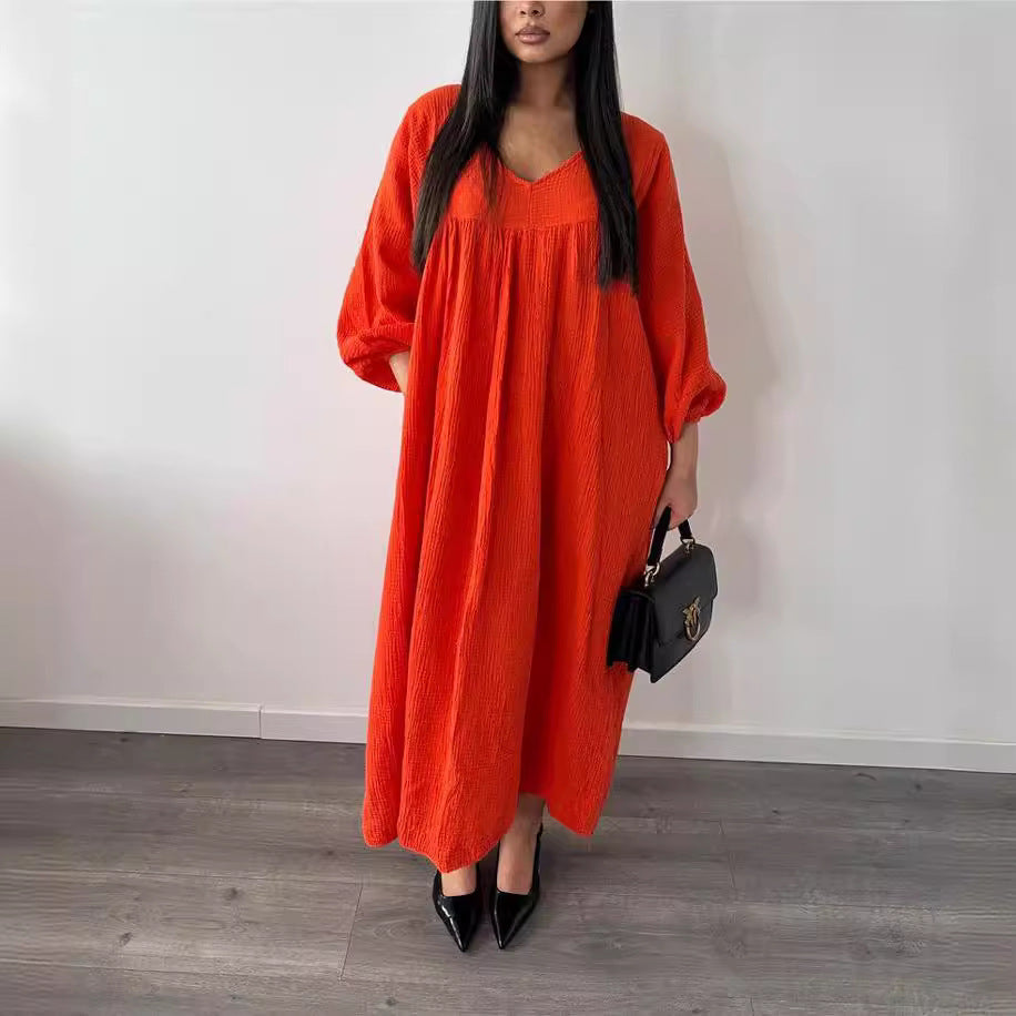 maoxiangshop outfit inspo 24 Summer and Autumn New Women's Dress Solid Color Long Sleeve Loose Casual Women's V-neck Dress