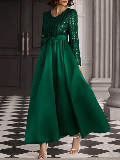 MAOXIANGSHOP popular New new sequins temperament commuting solid color mid-waist red beads host banquet dress evening dress