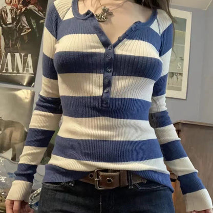 maoxiangshop 90s fashion Commuter Contrast Color Striped Top Autumn Casual All-Match Loose Slimming Sweater