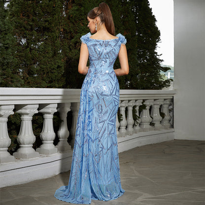 2025 sleeveless temperament square collar sexy long sequined banquet fishtail evening dress bridesmaid dress women