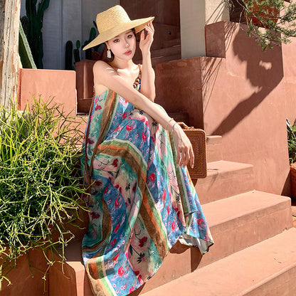 2025 New Chinese floral medium and long suspender dress for women's summer thin retro vacation style long dress seaside beach dress