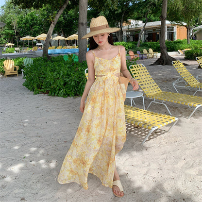 2025 Seaside vacation dress  coffee break niche waist yellow floral suspender beach dress photo pendulum dress