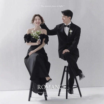 2025 Studio couple photo theme wedding dress high sense retro Hepburn style black satin one-word shoulder light wedding dress