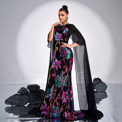 2025 women's clothing super long-sleeved crew neck sexy long sequined banquet fishtail evening dress bridesmaid dress dress