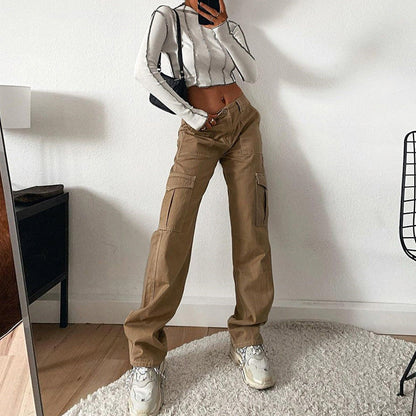 maoxiangshop-shop college outfits Women's Street Fashion Multi-Pocket Workwear Straight Trousers High Waist Slimming Loose Khaki Jeans for Women