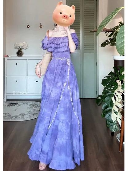 pure desire wind ruffle leaf edge shoulder dress women's  summer new waist big skirt dress long dress