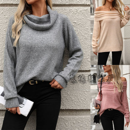 MAOXIANGSHOP New autumn and winter  new stacked collar solid color off-the-shoulder loose sexy knitted sweater long sleeve 2025 sweater women