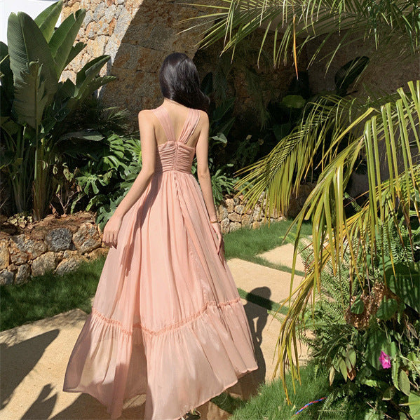 2025 temperament beautiful neck sling dress fairy summer high atmosphere seaside vacation beach dress