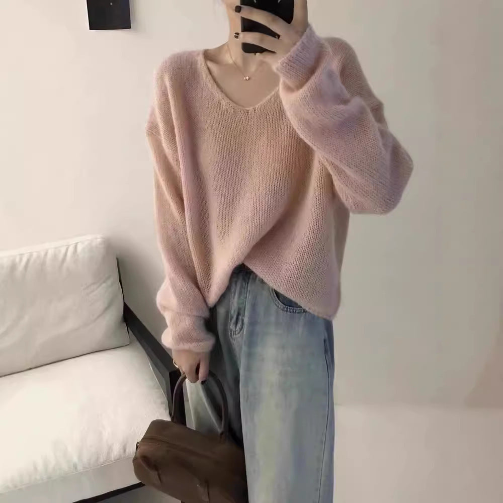 maoxiangshop-shop fall outfits aesthetic Korean Style Gentle Style Lazy V-neck 100 Wool Sweater for Women 2024 Autumn and Winter New Loose Slimming Sweater Top