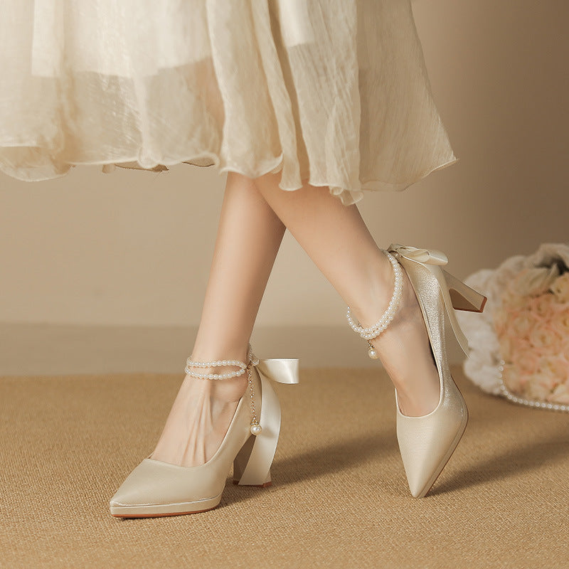 2025 8066-7 temperament  suede pointed thick heel high heels women's bow pearl waterproof table high heel single shoes