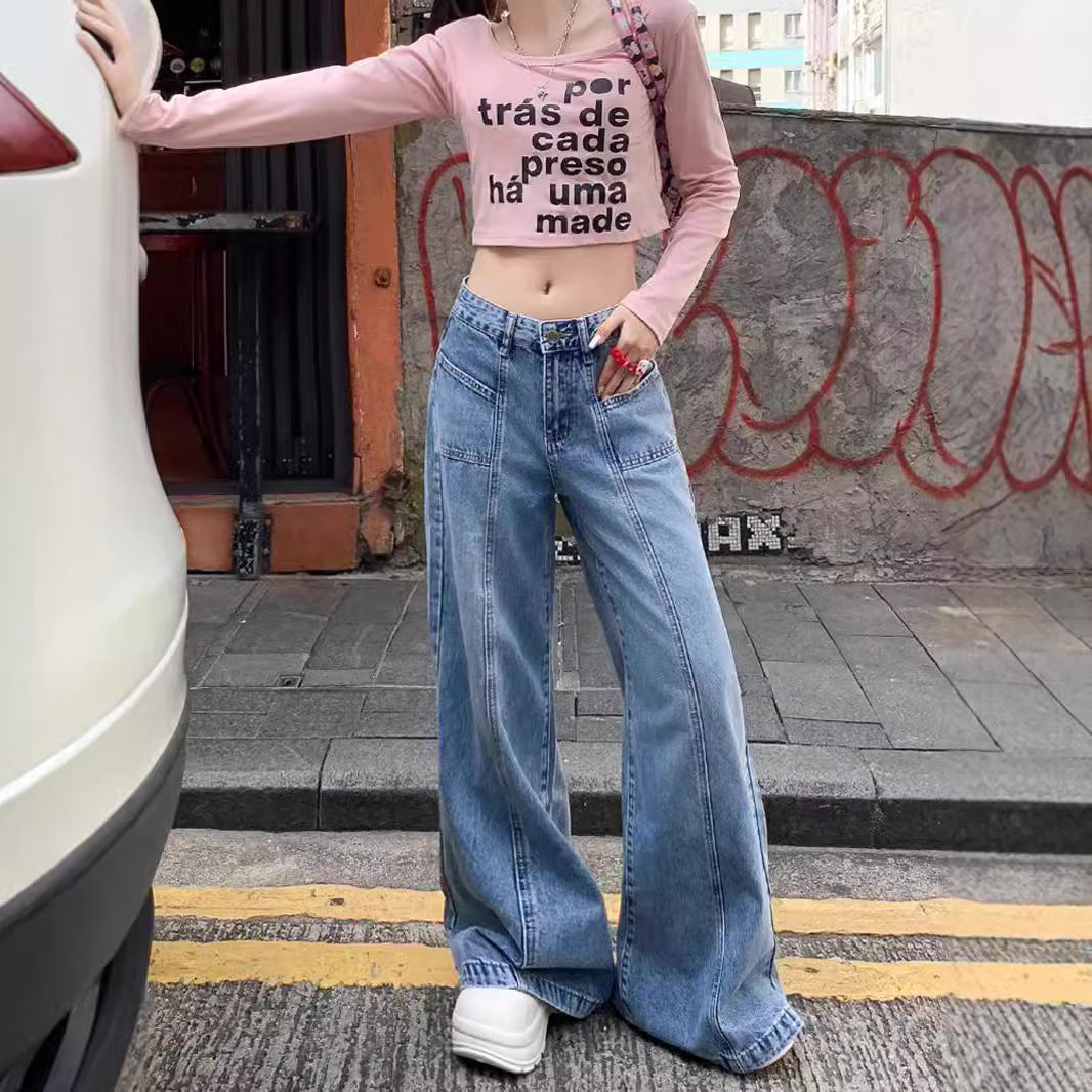 maoxiangshop outfit ideas for school Spring and Autumn 2024 New American High Waist Wide Leg Versatile Jeans Women's Loose Slimming Split Pants Fashion