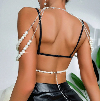 2025 XH26918  hot-selling new women's clothing sexy neck sling imitation pearl multi-layer chest chain top body chain