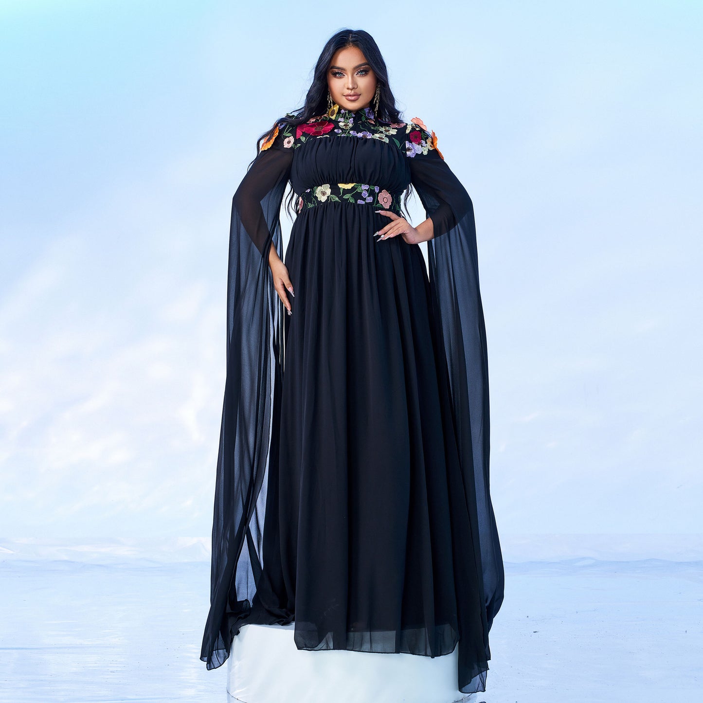 2025 Popular trade Popular,  and the United States fat mm large size women's clothing long-sleeved round neck banquet pendulum applique evening dress dress