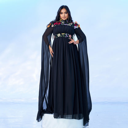 2025 Popular trade Popular,  and the United States fat mm large size women's clothing long-sleeved round neck banquet pendulum applique evening dress dress