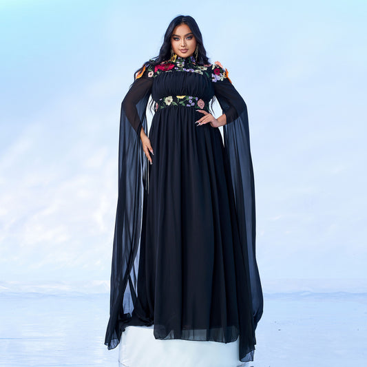 2025 Popular trade Popular,  and the United States fat mm large size women's clothing long-sleeved round neck banquet pendulum applique evening dress dress
