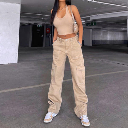 maoxiangshop-shop college outfits Women's Street Fashion Multi-Pocket Workwear Straight Trousers High Waist Slimming Loose Khaki Jeans for Women