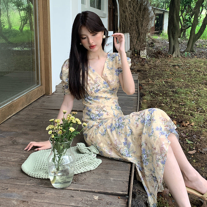 2025 Thirteen Lines  Spring and Summer New Temperament Printed Retro High Waist Short Sleeve Dress Women's BS88061
