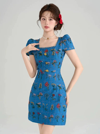 New Chinese style square neck short-sleeved floral dress women's clothing  summer new unique and beautiful a-word skirt