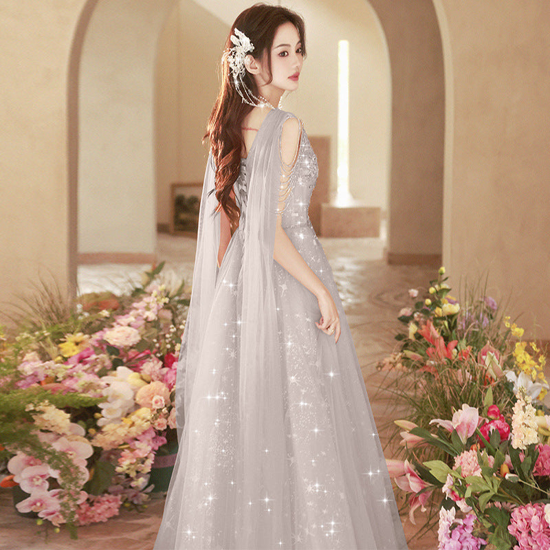 Banquet evening dress skirt 2025 spring new gray streamer New Zheng art examination red song chorus performance suit